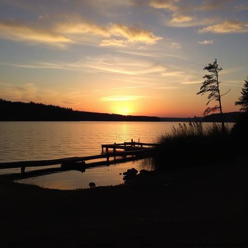 A serene lakeside scene at sunset, promoting relaxation