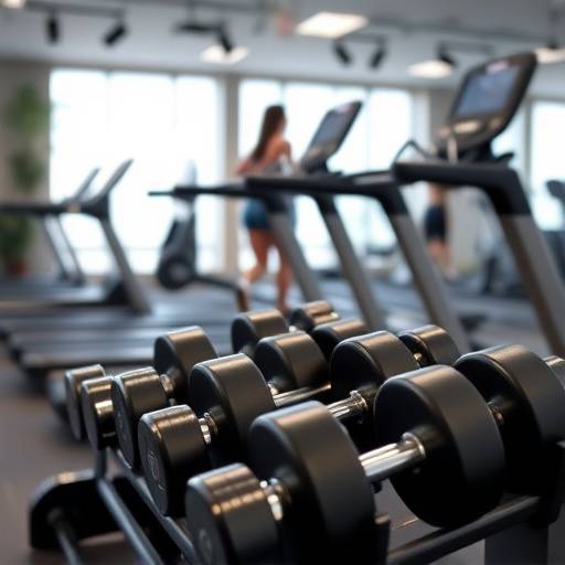 A variety of gym equipment including dumbbells, a treadmill, and a stationary bike.