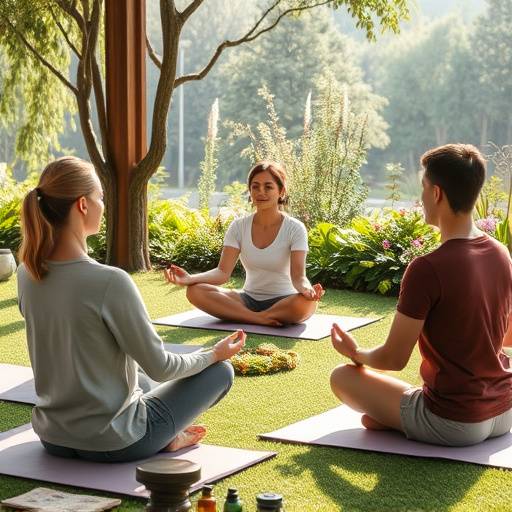 Group of people meditating together in a serene environment, promoting mental wellness