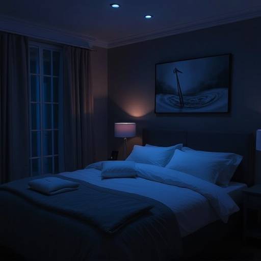 Relaxing bedroom environment with dim lighting and comfortable bedding