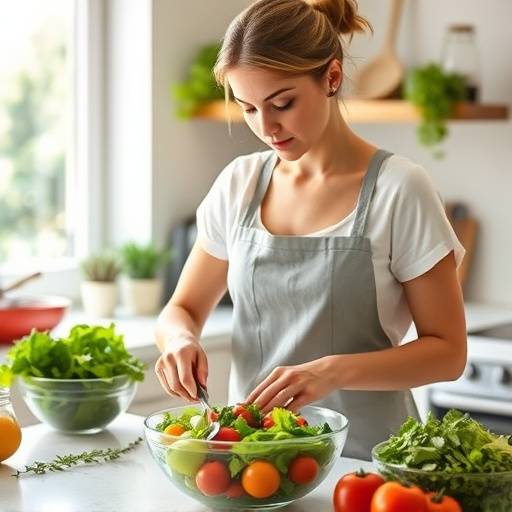 Woman preparing a healthy salad in a bright kitchen, emphasizing fresh ingredients